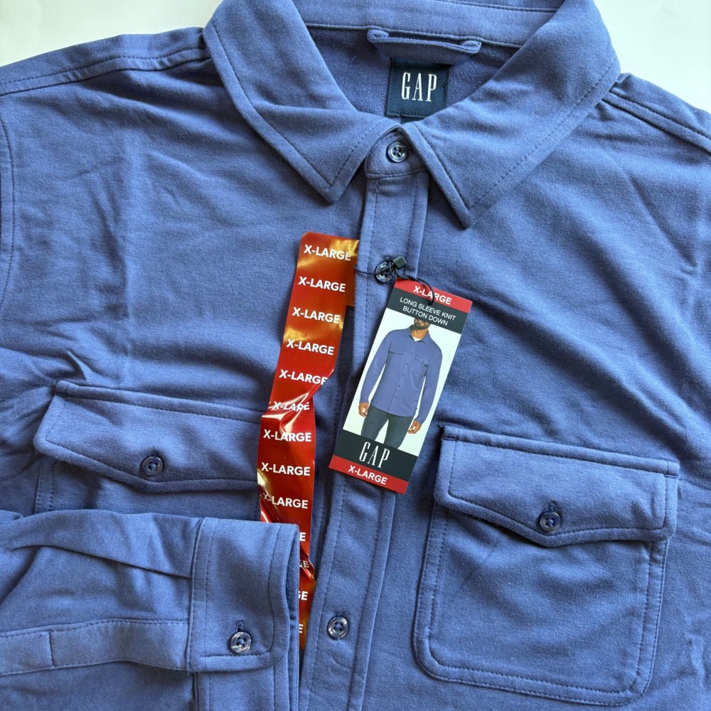 GAP Men's XL Blue‎ Long Sleeve Knit Button Down Shirt Shacket Cotton Blend